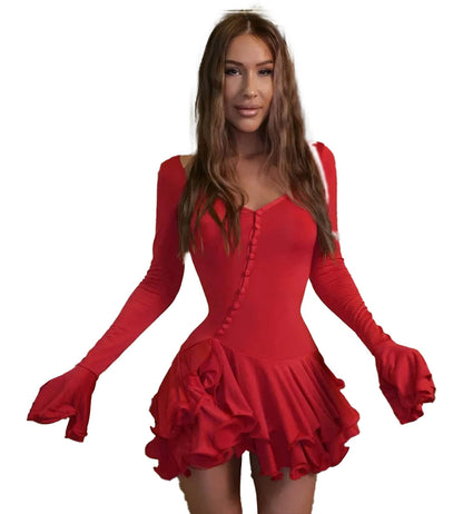 Stylish fit and flare design featuring a pink flare sleeve mini dress with ruffle details