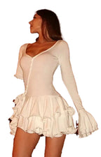 LuckeLadybug LLC pink flare sleeve mini dress with ruffled skirt and button detail, perfect for casual outings
