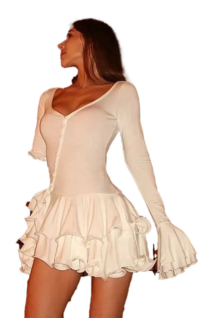 LuckeLadybug LLC pink flare sleeve mini dress with ruffled skirt and button detail, perfect for casual outings