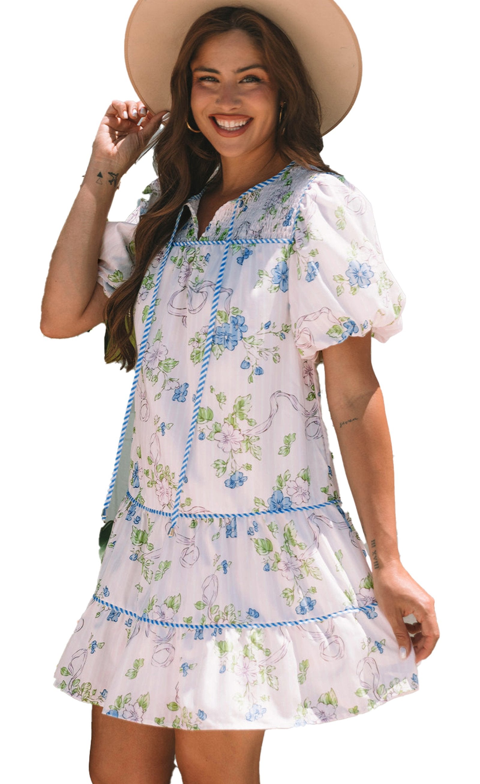LuckeLadybug pink floral mini dress with puff sleeves and ruffled hem for a cheerful summer look