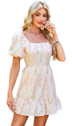 LuckeLadybug pink floral mini dress with puff sleeves and ruffled hem for a fresh spring look