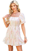 LuckeLadybug pink floral mini dress with puff sleeves and ruffled hem for a springtime look