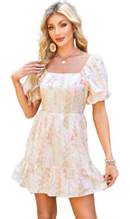 LuckeLadybug pink floral mini dress with puff sleeves and ruffled hem for a springtime look
