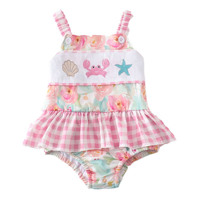 Adorable Pink Floral Print Crab Embroidery Swimsuit For Your Little Beach Babe - Baby & Toddler - LuckeLadybug LLC