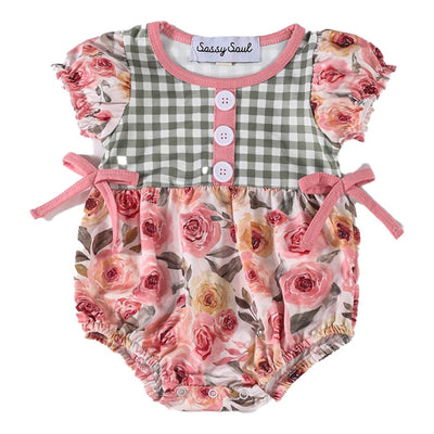 Adorable Pink Green Plaid Floral Girl Bubble For Stylish Babies And Toddlers - LuckeLadybug LLC