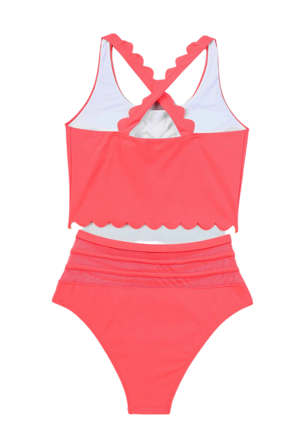 Pink high waist bikini set from LuckeLadybug LLC with scalloped edges and crisscross straps