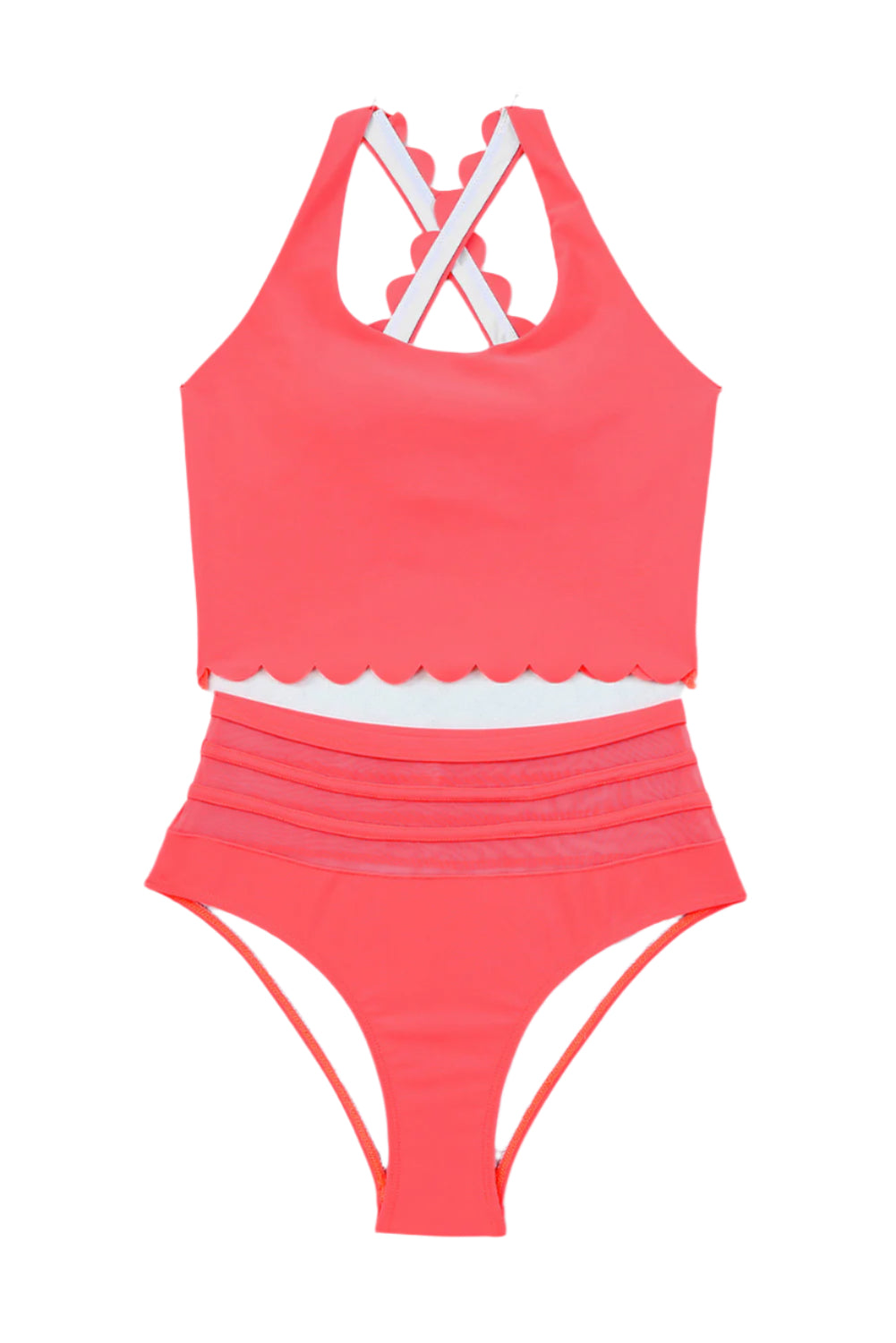 LuckeLadybug LLC pink high waist bikini set with scalloped top and adjustable crisscross straps