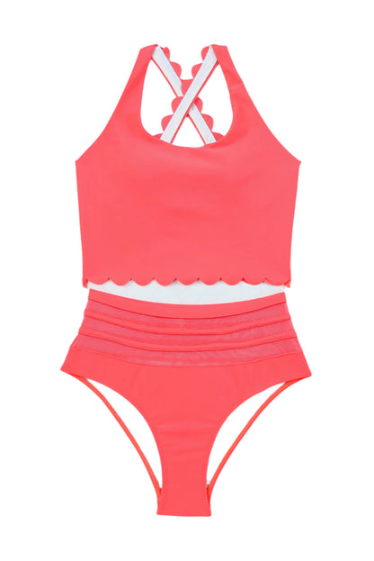 LuckeLadybug LLC pink high waist bikini set with scalloped top and adjustable crisscross straps