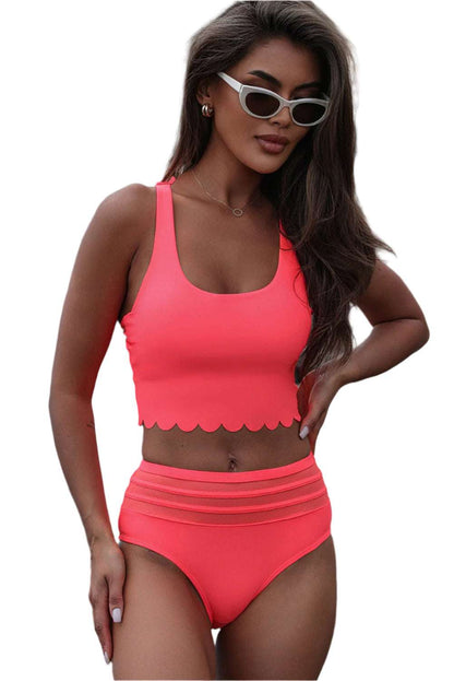 LuckeLadybug LLC pink high waist bikini set with scalloped crop top and retro sunglasses