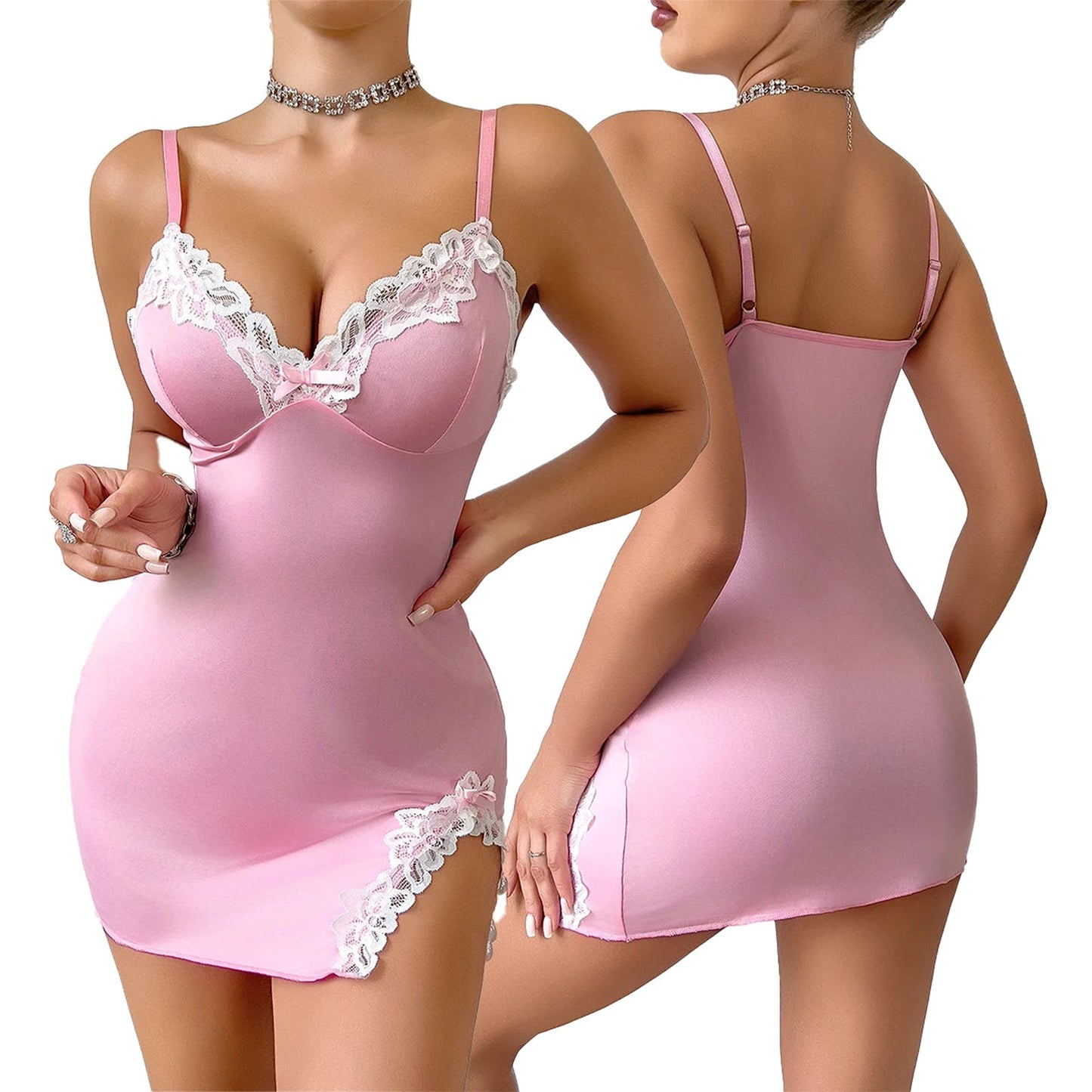 Pink lace nightdress for women with adjustable straps and elegant lace detailing on the edges