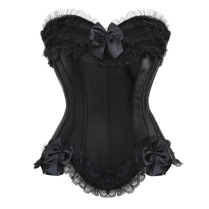 Black overbust corset with lace ruffles and bows, stylish and elegant design for women