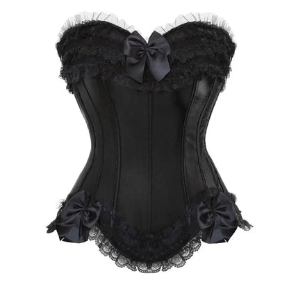 Black overbust corset with lace ruffles and bows, stylish and elegant design for women