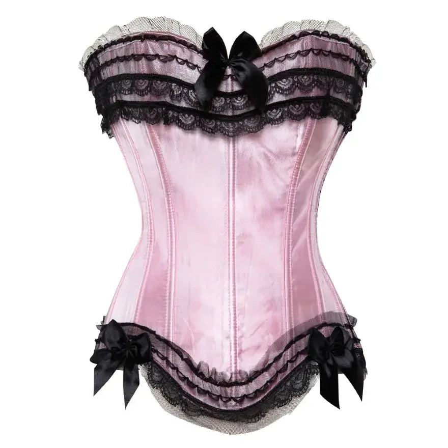 Elegant pink lace overbust corset for women with black lace trim and bow details