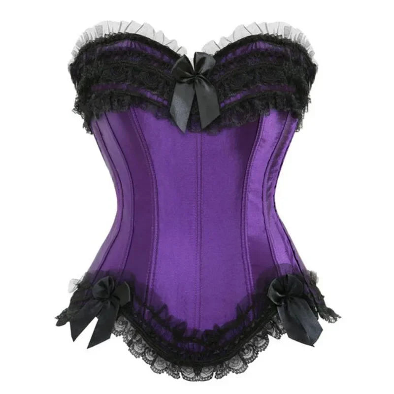 Purple lace overbust corset with black accents and bows, perfect for a stylish look