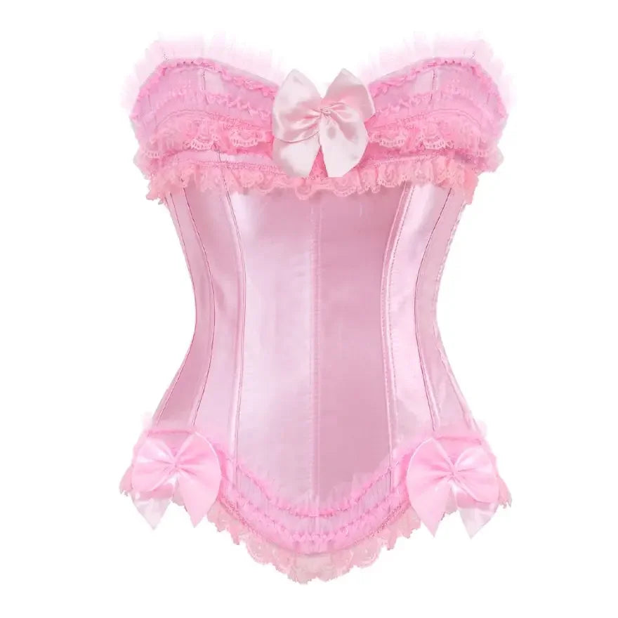 Pink lace overbust corset for women with bows and frills for a stylish look