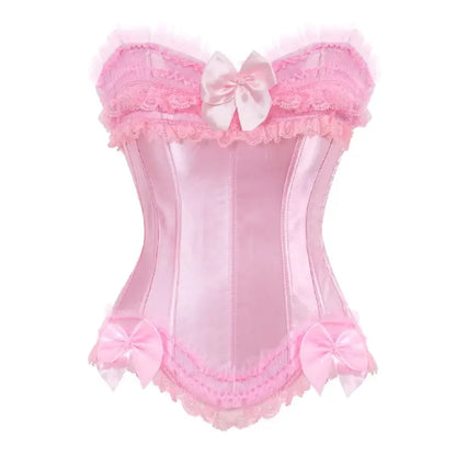 Pink lace overbust corset for women with bows and frills for a stylish look