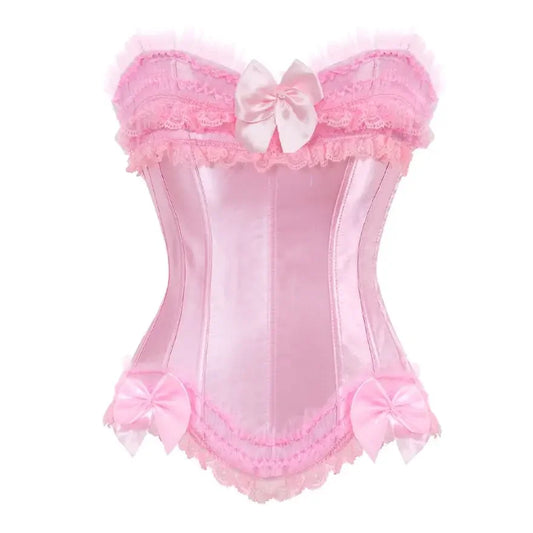 Pink lace overbust corset for women with bows and frills for a stylish look