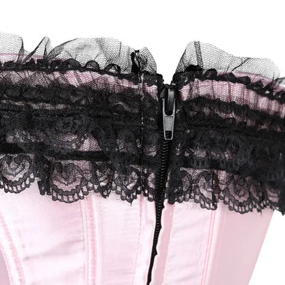 Close-up of a pink lace overbust corset for women with black lace trim and zipper detail