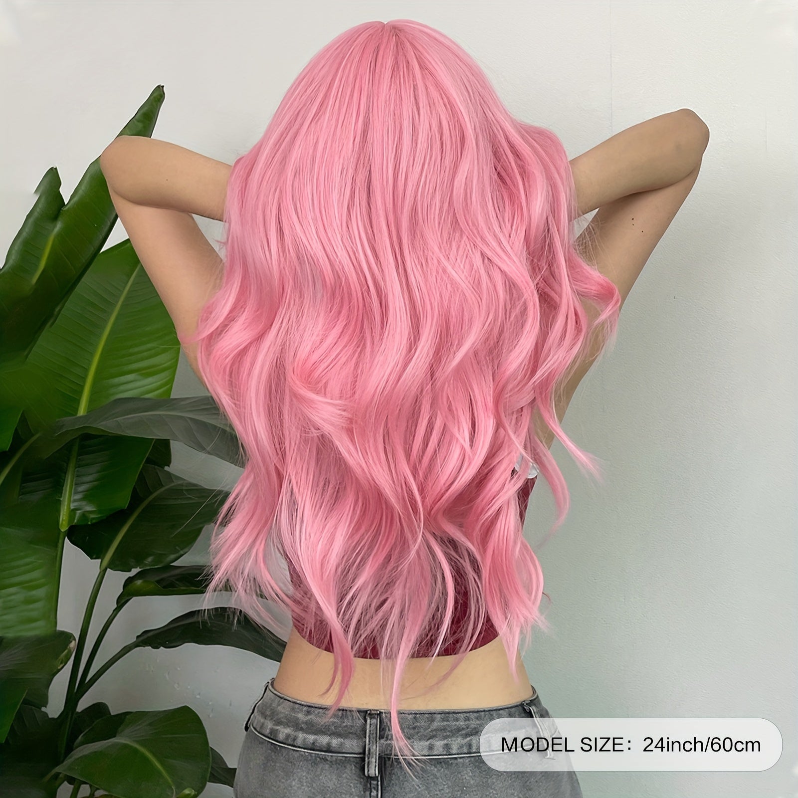 Pink long body wave wig with bangs, ideal for stylish looks and versatile styling options
