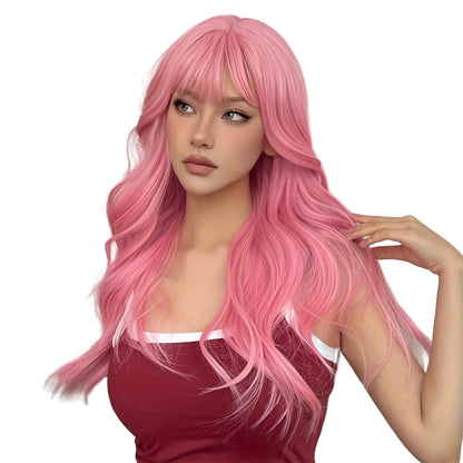 LuckeLadybug LLC pink long body wave wig with bangs for a stylish and trendy look