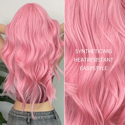Pink long body wave wig with bangs, made from heat-resistant synthetic fibers for easy styling