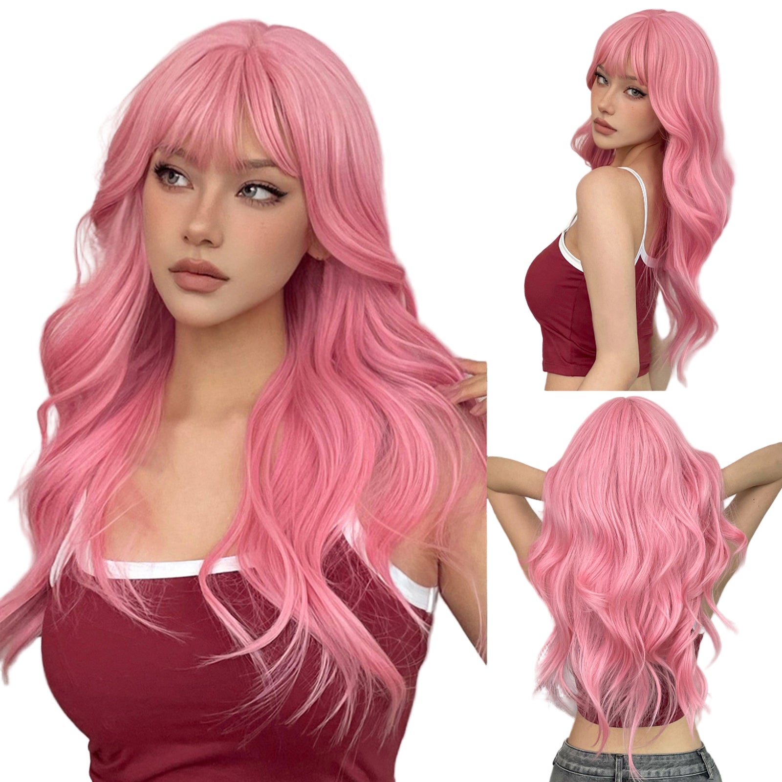 Pink long body wave wig with bangs in a stylish design, perfect for a trendy look
