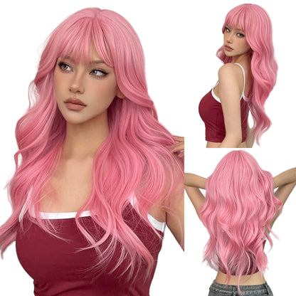 Pink long body wave wig with bangs in a stylish design, perfect for a trendy look