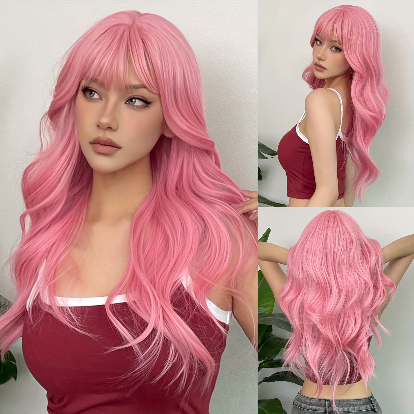 Pink long body wave wig with bangs, stylish and voluminous for a trendy look