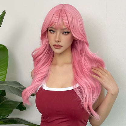 Pink long body wave wig with bangs for stylish and trendy looks