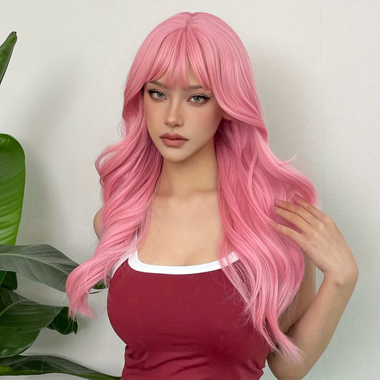 Pink long body wave wig with bangs for stylish and trendy looks