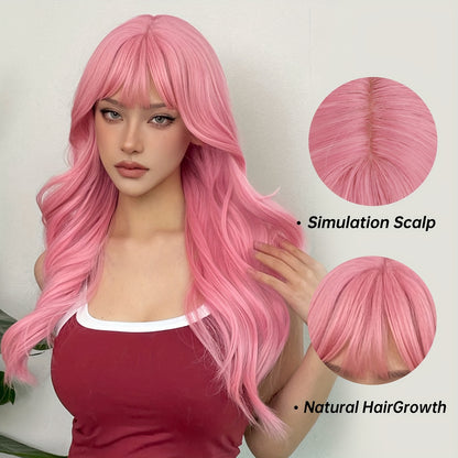 LuckeLadybug LLC pink long body wave wig with bangs designed for a natural look and comfortable wear