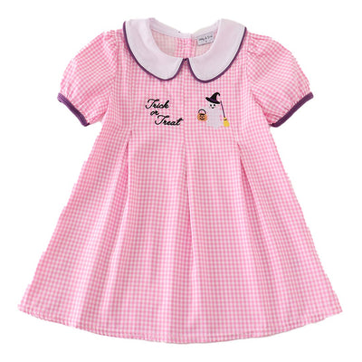 Adorable Pink Plaid Halloween Embroidery Dress For Your Little Boo! - LuckeLadybug LLC