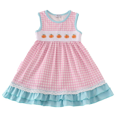 Adorable Pink Plaid Pumpkin Embroidery Ruffle Dress For Stylish Babies & Toddlers! - LuckeLadybug LLC