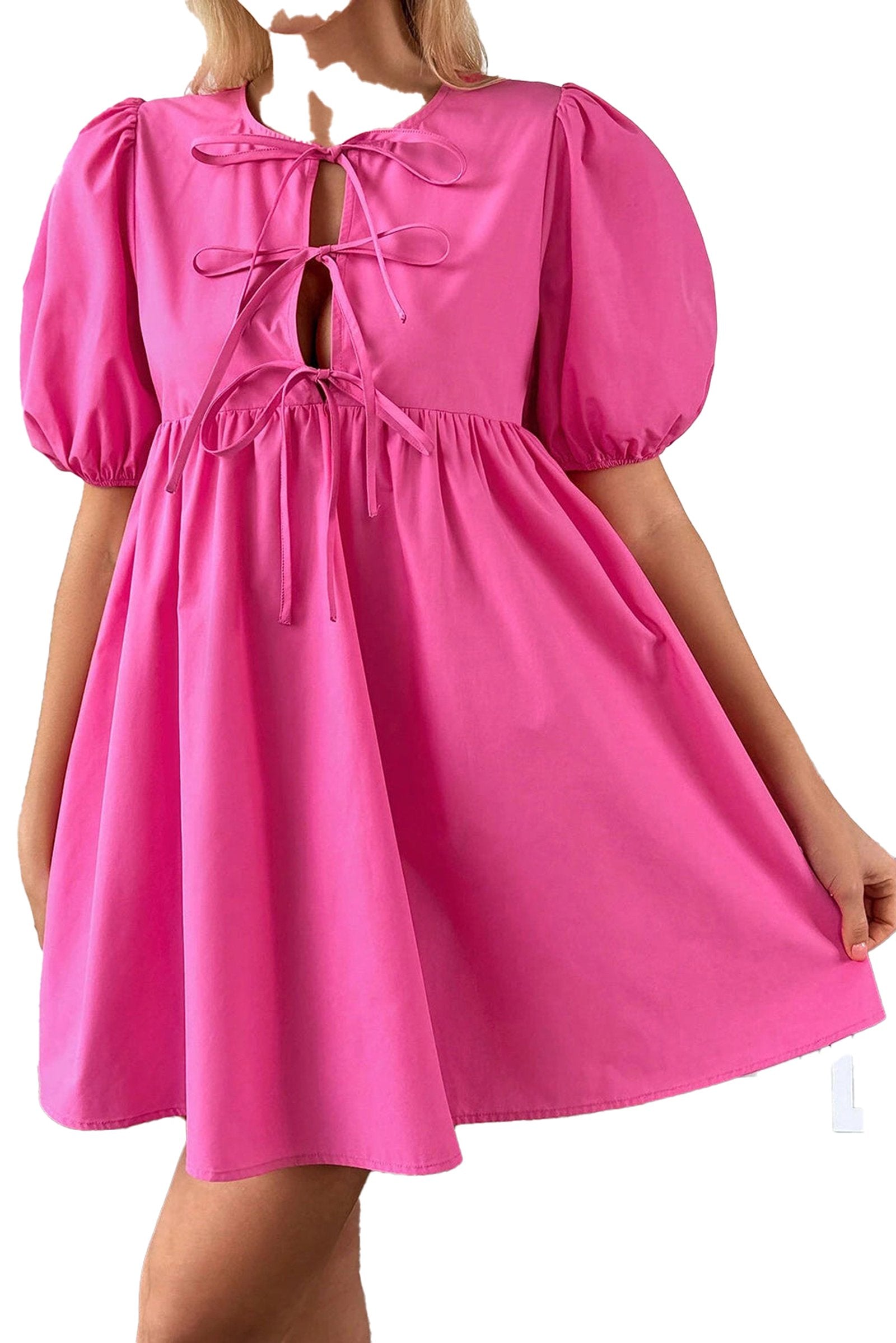 LuckeLadybug pink puff sleeve mini dress with a playful lace-up front and a flared silhouette