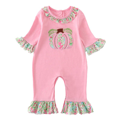 Adorable Pink Pumpkin Applique Girl Romper For Your Little Darling | Baby & Toddler Fashion - LuckeLadybug LLC