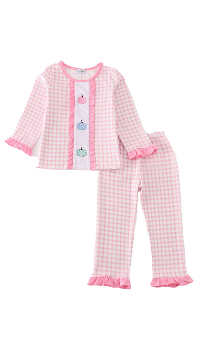 Adorable Pink Pumpkin Embroidery Plaid Girl Set: Perfect Outfit For Your Little Princess - LuckeLadybug LLC