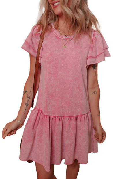LuckeLadybug pink ruffle mini dress with short sleeves and tiered hem, perfect for casual outings