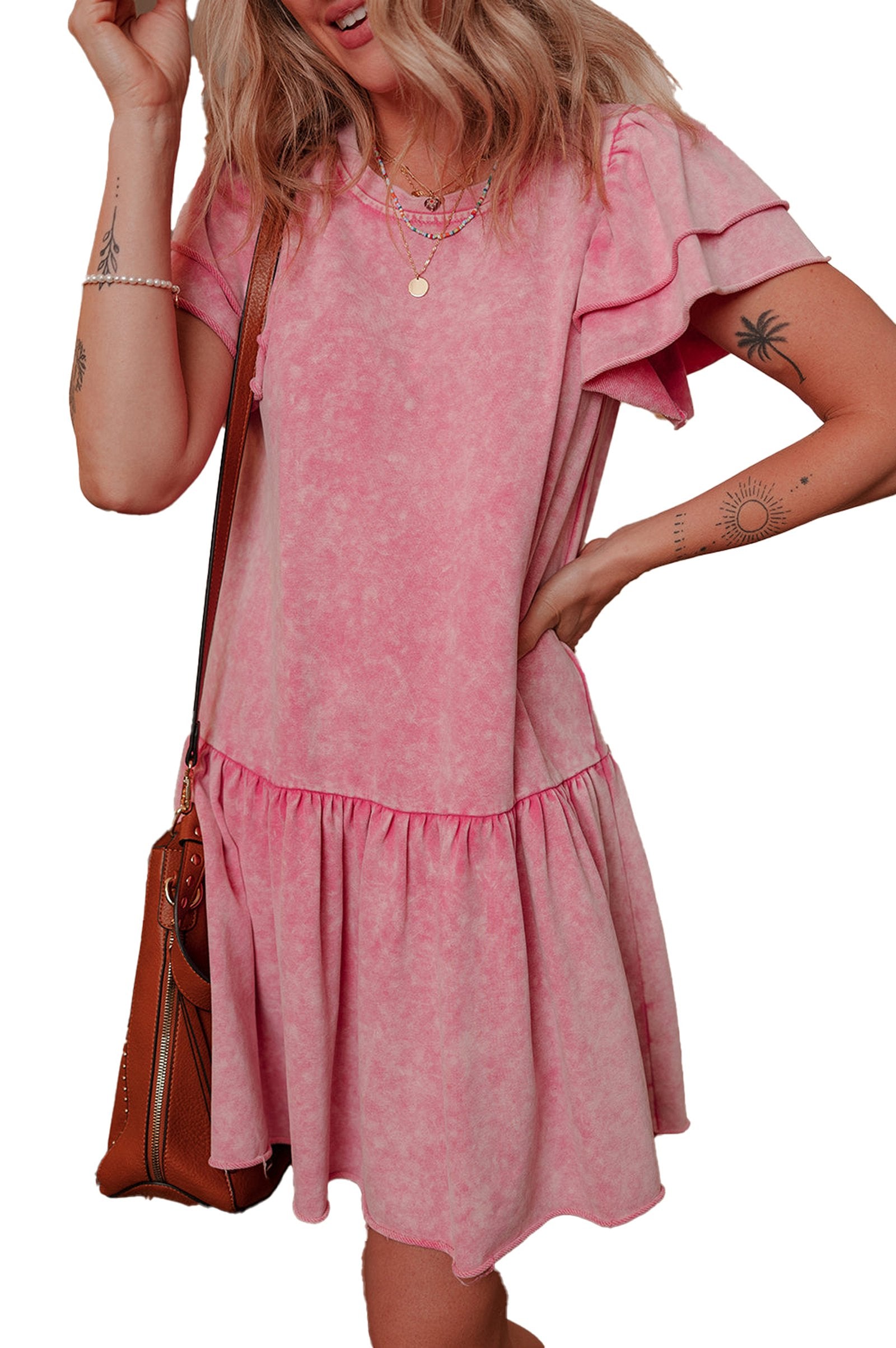 LuckeLadybug pink ruffle mini dress with short sleeves and flared hem, perfect for casual outings
