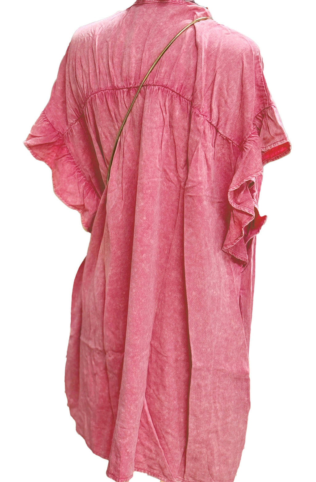 Back view of the pink ruffled denim mini dress by LuckeLadybug showcasing soft fabric and casual style