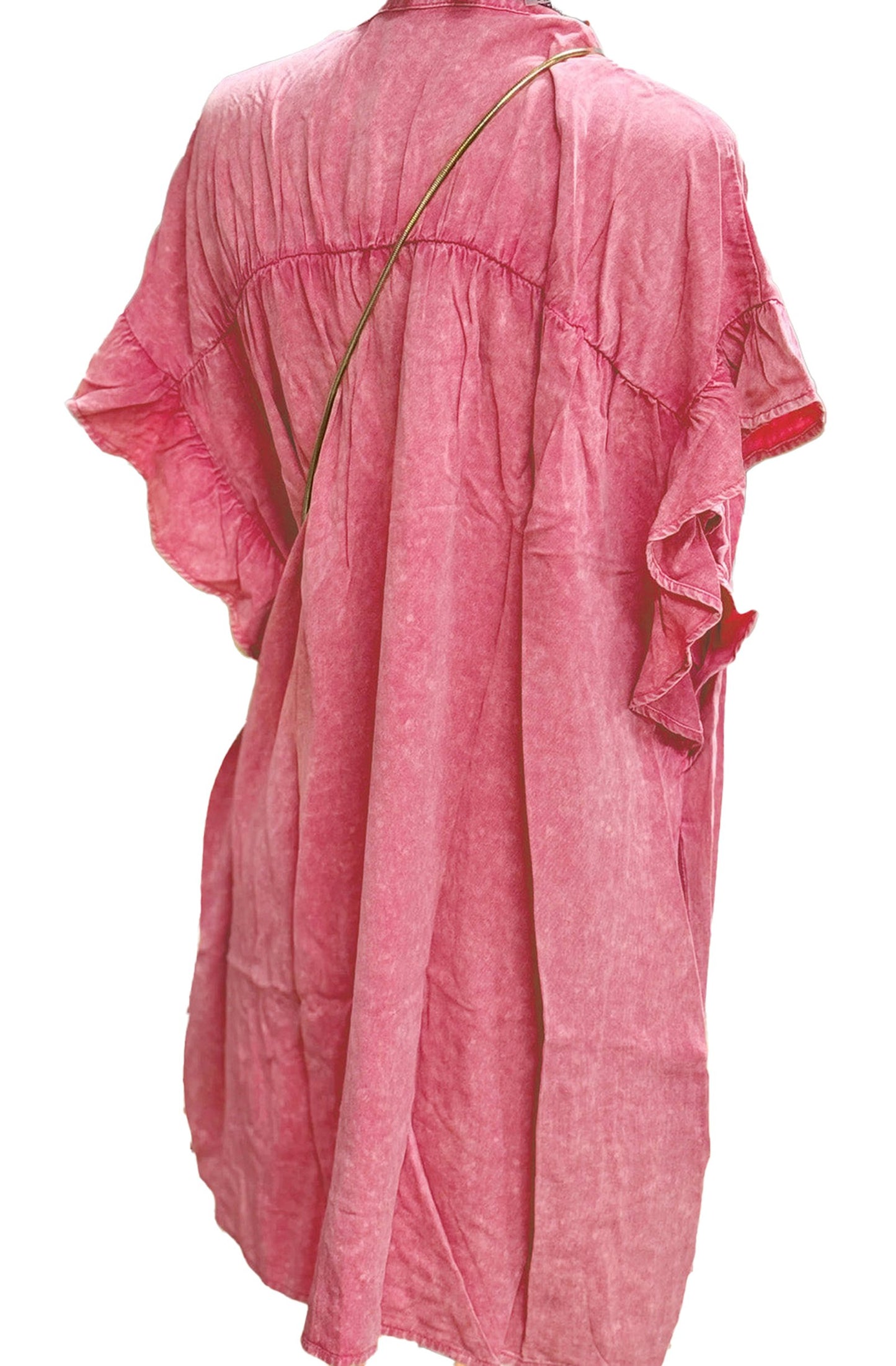 Back view of the pink ruffled denim mini dress by LuckeLadybug showcasing soft fabric and casual style