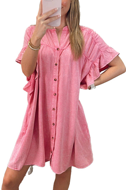 LuckeLadybug pink ruffled denim mini dress with button details and stylish short sleeves