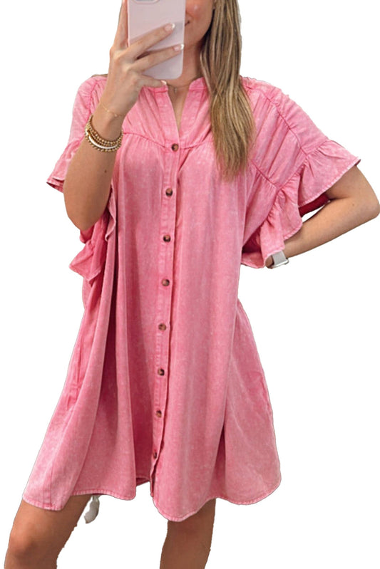 LuckeLadybug pink ruffled denim mini dress with button details and stylish short sleeves