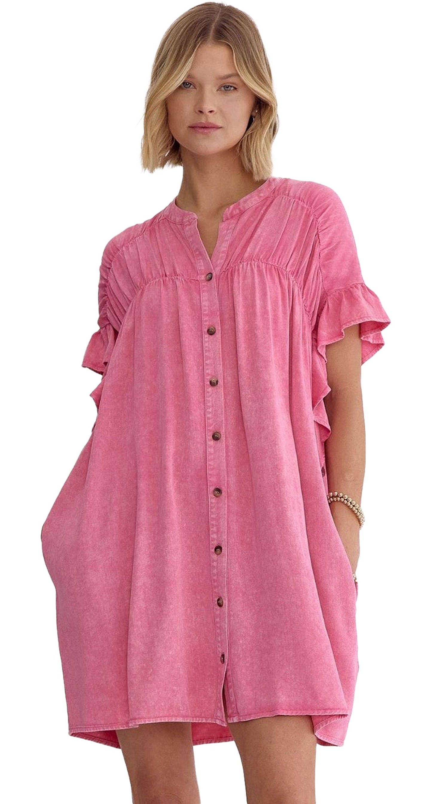 LuckeLadybug pink ruffled denim mini dress with button details and short sleeves for a stylish look