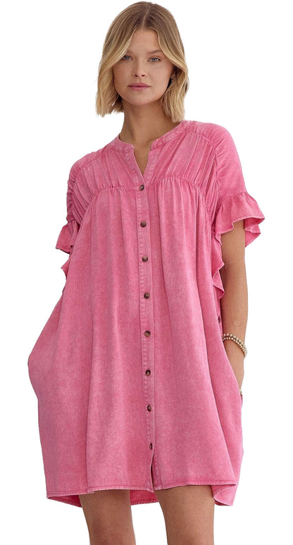 LuckeLadybug pink ruffled denim mini dress with button details and short sleeves for a stylish look