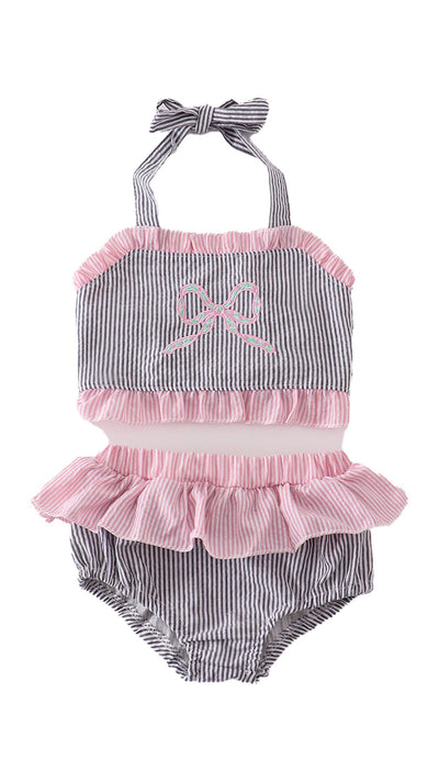 Adorable Pink Seersucker Bow Embroidery 2-Piece Swimsuit For Fashionable Babies And Toddlers! - LuckeLadybug LLC