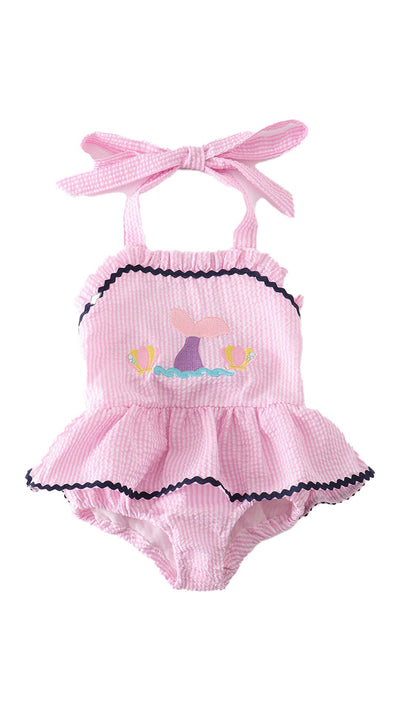 Adorable Pink Seersucker Mermaid Embroidery Swimsuit For Your Little Water Baby - LuckeLadybug LLC