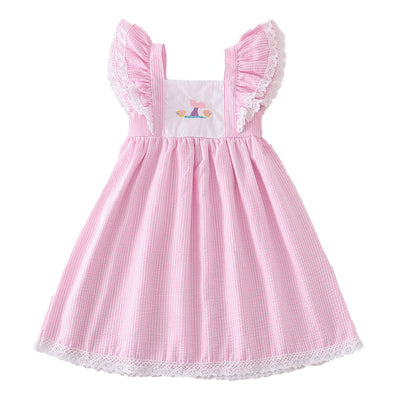 Adorable Pink Seersucker Mermaid Embroidery Ruffle Dress For Stylish Little Ones! - LuckeLadybug LLC