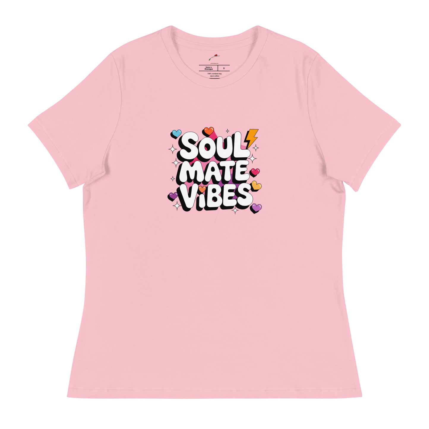 Pink Printful soul mate vibes t-shirt with colorful hearts and lightning bolt graphic