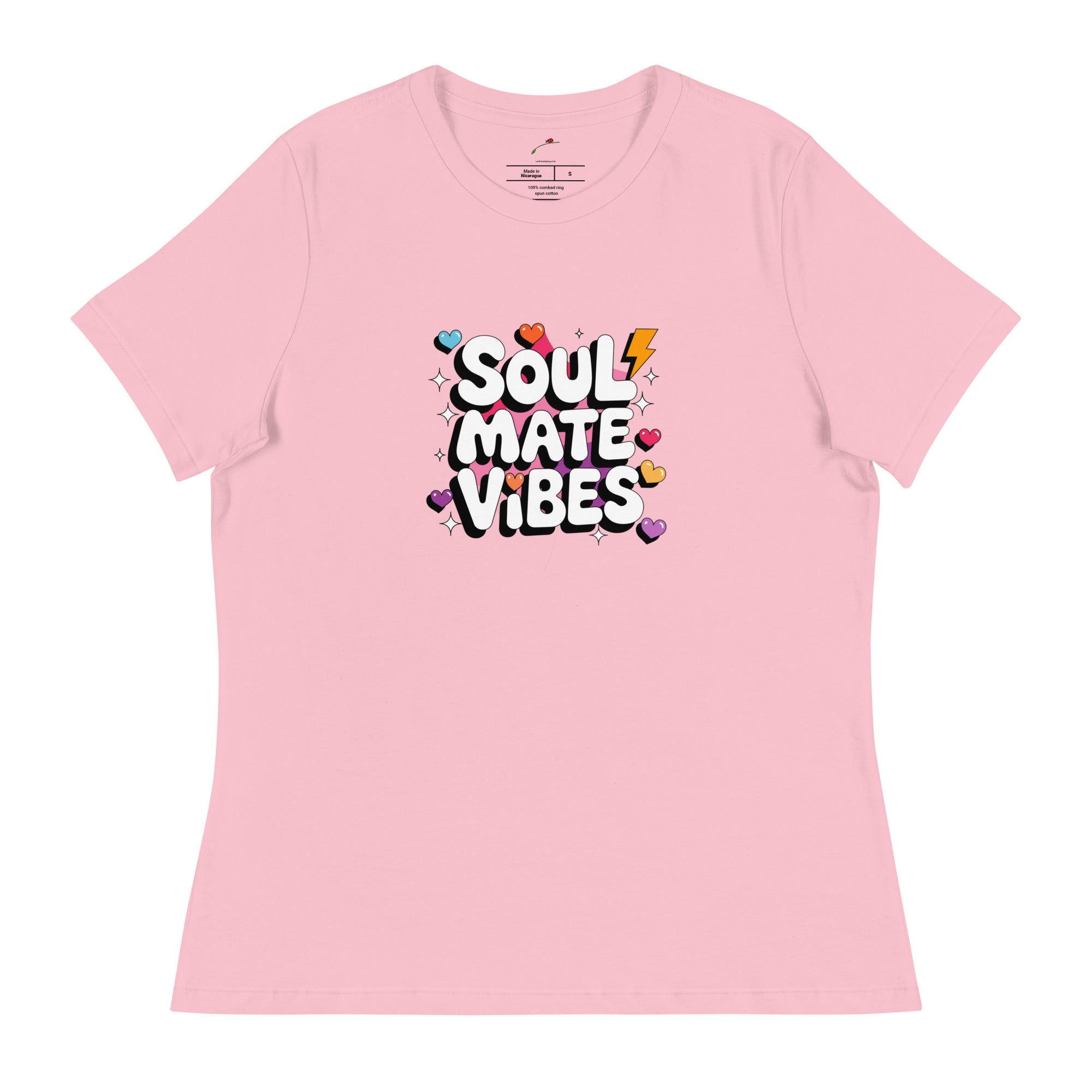 Pink Printful soul mate vibes t-shirt with colorful hearts and lightning bolt graphic