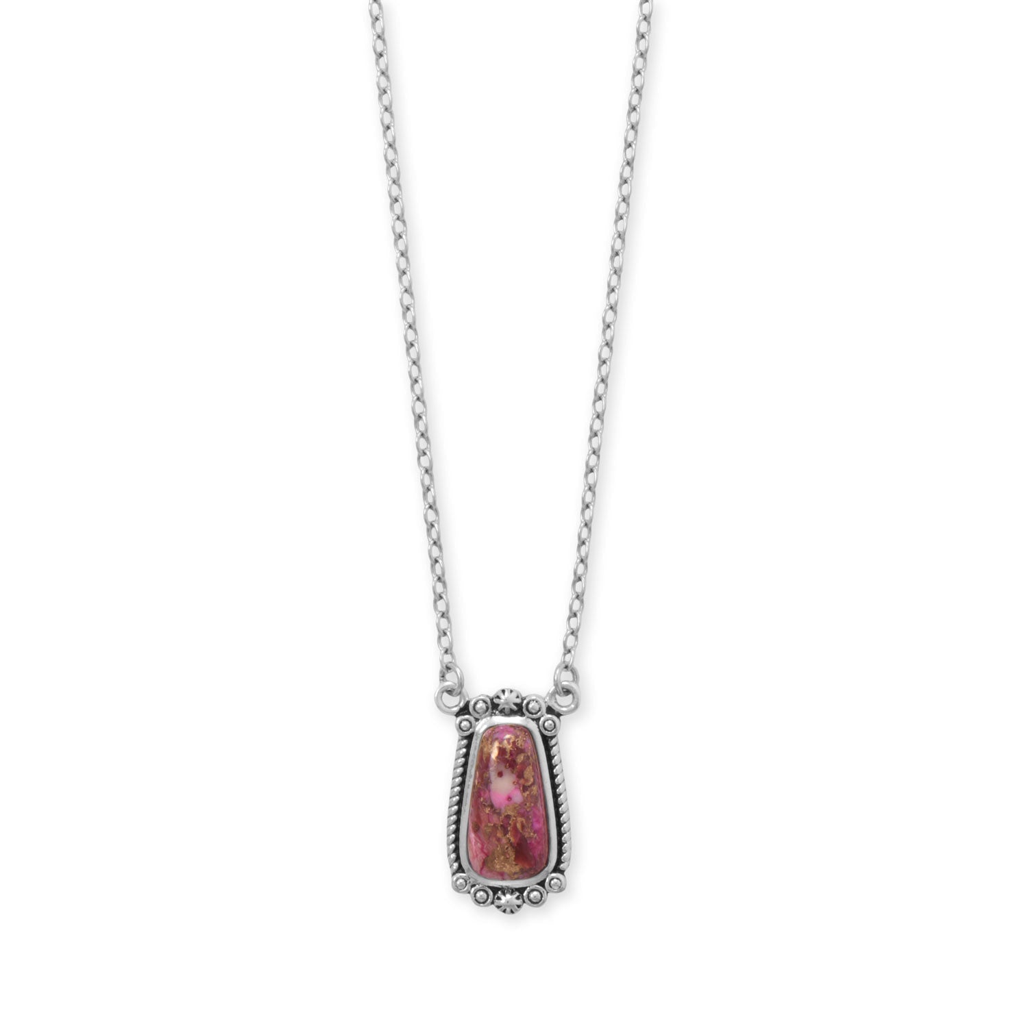 LuckeLadybug LLC pink spiny oyster necklace with a delicate silver chain and detailed pendant